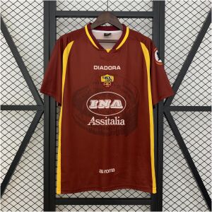 Mens Roma Retro Home Jersey 1997/98 on hanger showing carmine red body with Colosseum watermark