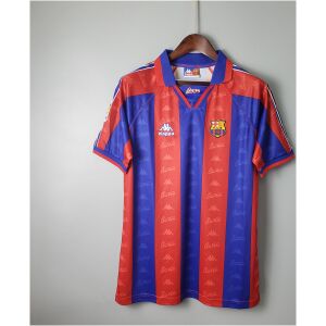 Mens Barcelona At Retro Home Jersey 1996/97 Mens Barcelona retro home shirt with blaugrana stripes and polo collar front view