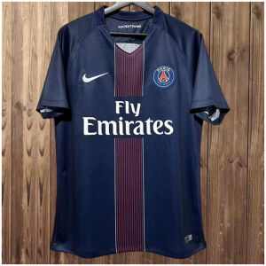 Mens PSG Retro Home Jersey 2016/17 on hanger showing dark navy body and red micro-pinstripe center stripe
