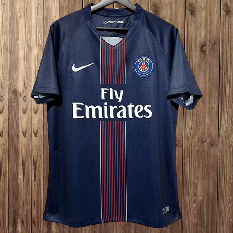 Mens PSG Retro Home Jersey 2016/17 Mens PSG Retro Home Jersey 2016/17 on hanger showing dark navy body and red micro-pinstripe center stripe
