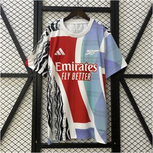 Mens Arsenal adidas Pre-Match Jersey 2024/25 on hanger showing split graphic body with red, lavender, and geometric panels
