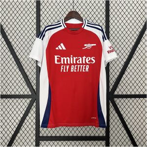 Mens Arsenal Home Jersey 2024/25 on display showing red body with white raglan sleeves, navy side inserts, and cannon crest