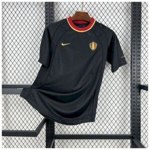 Mens Belgium Retro Away Jersey 2000 Mens Belgium Retro Away Jersey 2000 angled on hanger showing black foundation and yellow-red collar trim