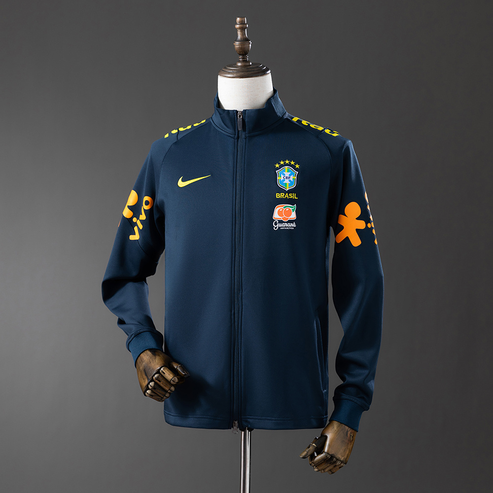 Mens World Cup Brazil Royal Blue Jacket Jersey 2022 Mens World Cup Brazil Royal Blue Jacket Jersey 2022 front view on mannequin showing navy shell and stand collar