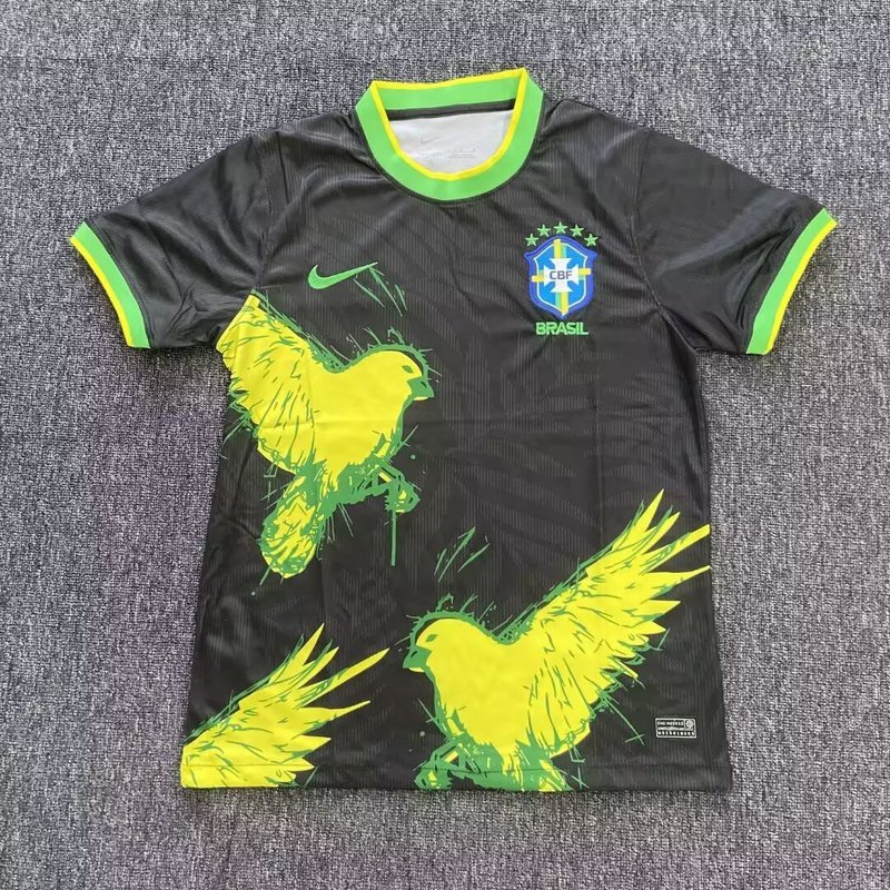 Mens Brazil Black With Eagles Special Version Jersey 2025 Mens Brazil Black With Eagles Special Version Jersey 2025 flat view showing black jersey with neon yellow flying birds