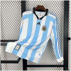Mens World Cup Argentina Retro Long Sleeve Home Jersey 1998 on hanger showing polo collar and long sleeves
