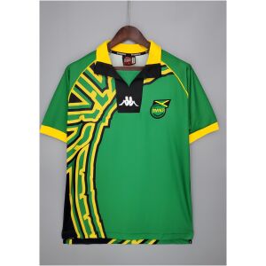 Mens World Cup Jamaica Retro Away Jersey 1998 on mannequin showing green body and yellow tribal panel
