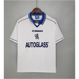 Mens Chelsea Retro Away Jersey 1998/00 on hanger showing white jacquard body with tipped blue polo collar and AUTOGLASS sponsor