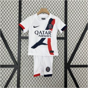 Kids PSG Away Kit 2024/25 featuring white youth away jersey with Eiffel Tower graphic and matching shorts