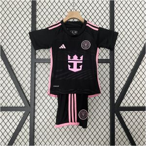 Kids Miami Away Kit 2024/25 front view showing black shirt and shorts