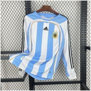 Mens World Cup Argentina Retro Long Sleeve Home Jersey 2006 on hanger showing Teamgeist gold piping and long sleeves