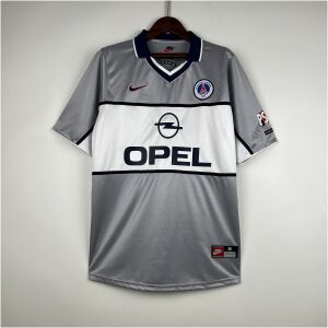 Mens PSG Retro Away Jersey 1999/00 on hanger displaying silver-grey body and white chest band with OPEL logo
