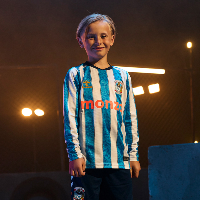Kids Coventry City Home Long Sleeve Jersey 2026/27 Kids Coventry City home long sleeve 2026/27 jersey front view with blue stripes