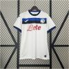 Mens Atalanta BC Away Jersey 2024/25 on hanger showing white shirt with black and blue horizontal chest stripe