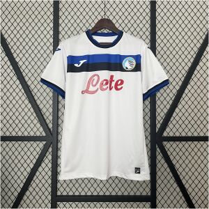 Mens Atalanta BC Away Jersey 2024/25 on hanger showing white shirt with black and blue horizontal chest stripe