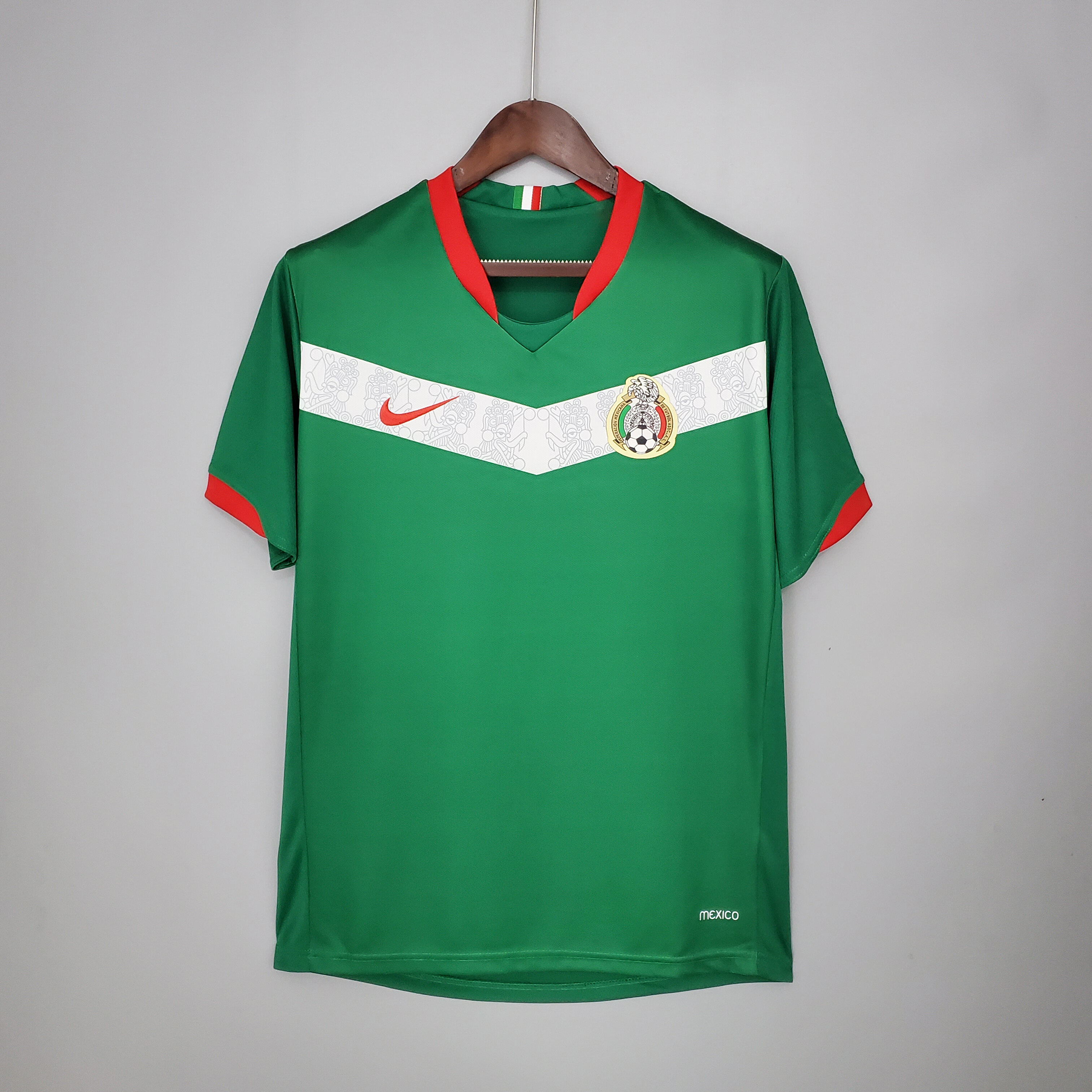 Mens World Cup Mexico Retro Home Jersey 2006 Mens World Cup Mexico Retro Home Jersey 2006 on mannequin showing emerald green base and chevron