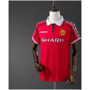 Mens Manchester United Retro Home Jersey 1998/99 on mannequin showing scarlet body with zip collar and sleeve tape