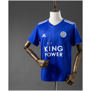Mens Leicester City Retro Home Jersey 2018/19 on mannequin showing royal blue body with diagonal shadow graphics and KING POWER