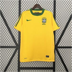 Mens World Cup Brazil yellow Retro Home Jersey 2010 on hanger showing canary yellow body with green collar