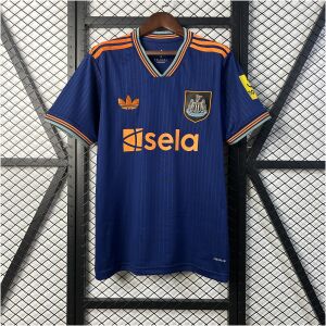 Mens Newcastle United game Third Jersey 2025/26 on hanger showing royal blue body with orange accents and sela