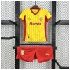 Kids Lens Home Kit 2025/26 hanging two-piece set showing yellow pinstriped jersey and vibrant red shorts