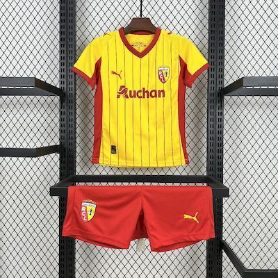 Kids Lens Home Kit 2025/26 Kids Lens Home Kit 2025/26 hanging two-piece set showing yellow pinstriped jersey and vibrant red shorts