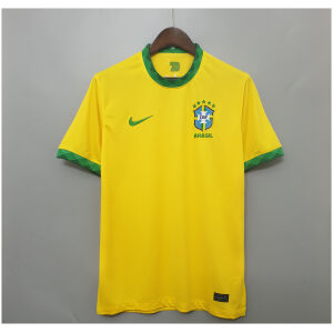 Mens Brazil yellow Retro Home Jersey 2020 on hanger showing canary yellow body with diamond green collar