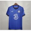 Mens Chelsea Home Jersey 2020/21 on hanger showing blue herringbone body with dark navy crewneck collar and Three UK logo