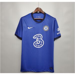 Mens Chelsea Home Jersey 2020/21 on hanger showing blue herringbone body with dark navy crewneck collar and Three UK logo