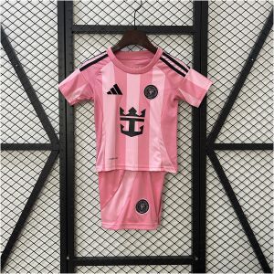 Kids Miami Home Kit 2025/26 front view showing striped pink shirt and shorts