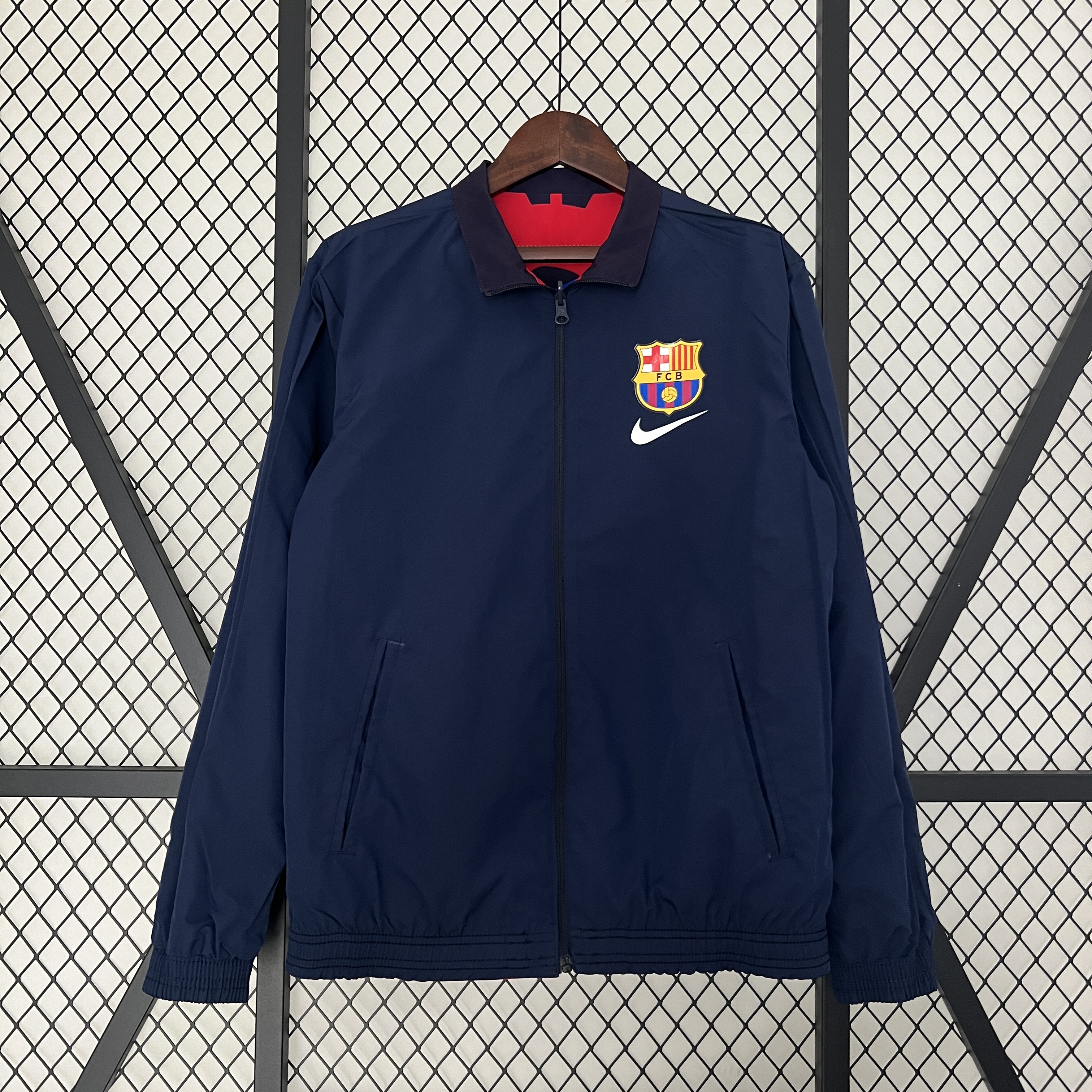 Mens Barcelona Trench Coat Reversible Windbreaker 2023/24 Dark navy reversible Barcelona windbreaker with chest crest and Nike swoosh front view