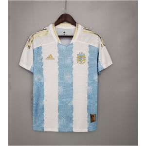 Mens Argentina Commemorative Edition White Blue Retro Jersey 2021 on hanger showing lyric stripes and Maradona patch
