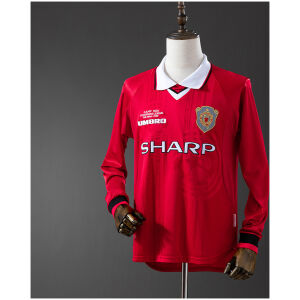 Mens Manchester United Retro Long Sleeve Home Jersey 1999/00 on mannequin showing red body with Camp Nou embroidery