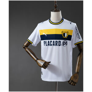 Mens Famalicao Home Jersey 2025/26 on mannequin showing white body with yellow and navy chest band and crest