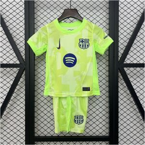Kids Barcelona Third Kit 2024/25 Kids Barcelona third kit volt-green shirt and shorts with marbled print front view