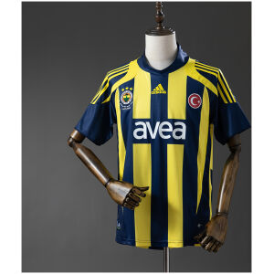 Mens Fenerbahce SK Retro Home Jersey 2007/08 on mannequin showing navy and yellow stripes with avea sponsor and centenary badge