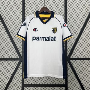 Mens Parma Retro Away Jersey 2003/04 Mens Parma Retro Away Jersey 2003/04 on hanger showing white body with navy side panels and yellow piping