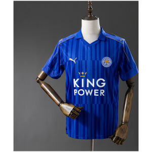 Mens Leicester City Retro Home Jersey 2016/17 on mannequin showing royal blue body with polo collar and KING POWER logo