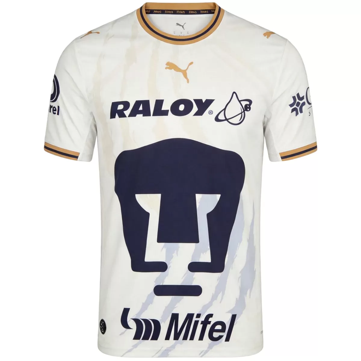 Mens Pumas UNAM Away Jersey 2026/27 Mens Pumas UNAM Away Jersey 2026/27 cream white shirt front view with navy Pumas head emblem