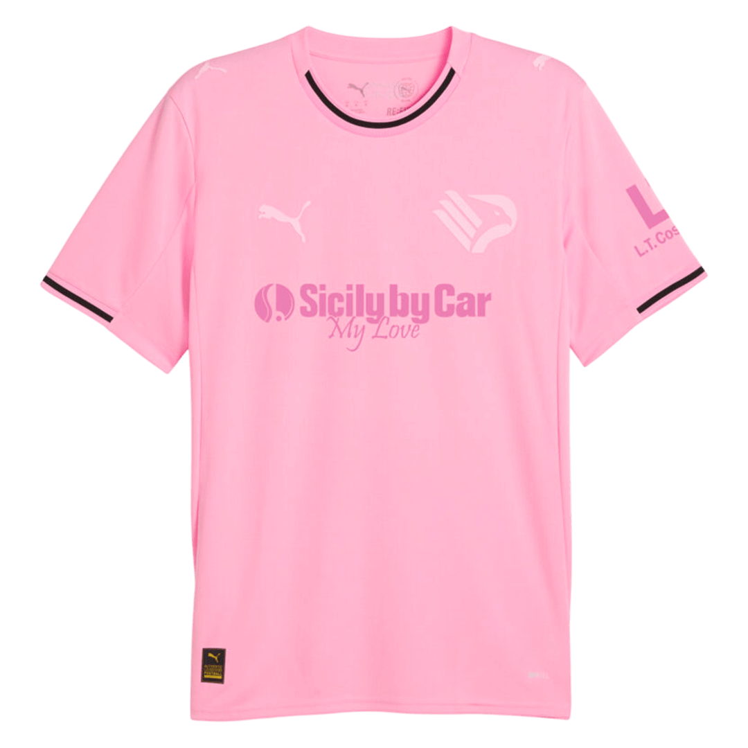 Mens Palermo Home Jersey 2025/26 Solid pink Palermo home shirt with black-trimmed collar and sleeve hems front view