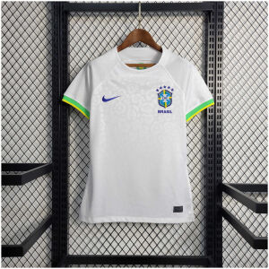 Womens World Cup Brazil White Leopard Jersey 2022 on hanger showing white body with yellow and green cuffs