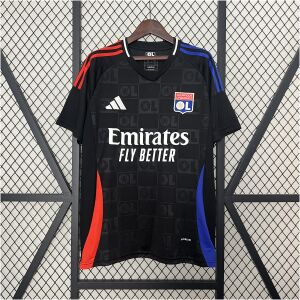 Mens Lyon Away Jersey 2024/25 Mens Lyon Away Jersey 2024/25 on hanger showing matte black body and asymmetric red-blue shoulder stripes
