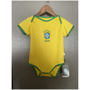 Baby Brazil Home Jersey 2025 front view on hanger showing canary yellow bodysuit and green trim