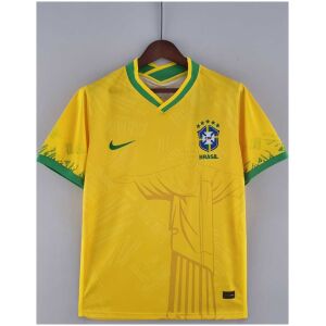 Mens World Cup Brazil Classic Yellow Jersey 2022 on hanger showing yellow body with Christ line art