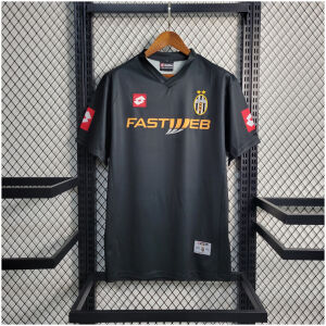 Mens Juventus Retro Away Jersey 2001/02 on hanger showing black and red panels with FASTWEB sponsor