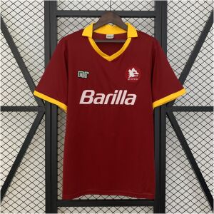 Mens Roma Retro Home Jersey 1989/90 on hanger showing carmine red body and yellow polo collar