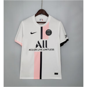 Mens PSG Away Jersey 2021/22 on hanger showing white body and asymmetric pink and black center stripe