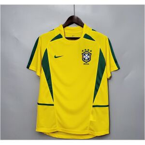 Mens World Cup Brazil Retro Home Jersey 2002 on hanger showing yellow body with green curved side panels