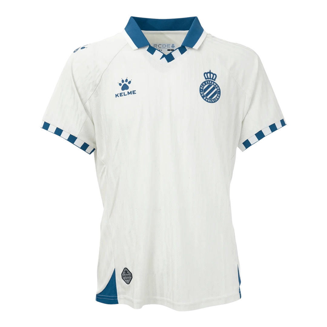 Mens RCD Espanyol Away Jersey 2025/26 Mens RCD Espanyol 2025/26 white away jersey with blue collar and crest front view
