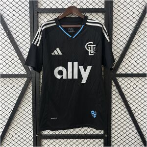 Mens Charlotte FC Away Jersey 2025/26 on hanger displaying black geometric pattern with silver CLTFC crest and ally logo